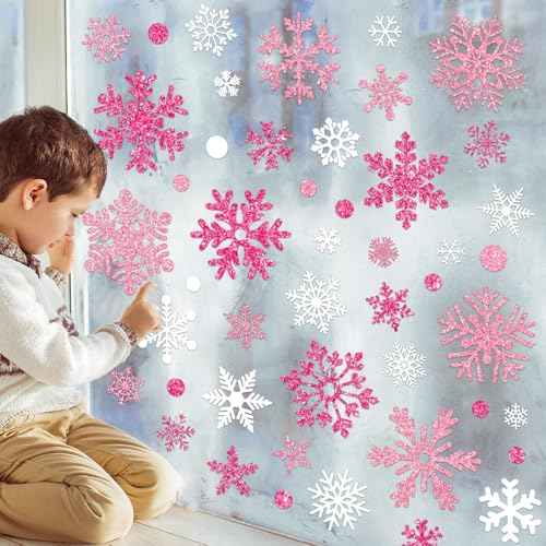 Whaline Glitter Snowflake Winter Window Clings Pink White Snowflake Christmas Window Decals Reusable Windows Decor for Xmas Frozen Party Home School Office Supplies,9 Sheet