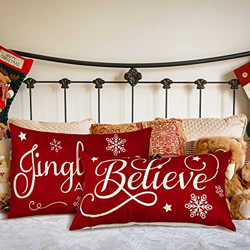 2 Pieces Christmas Pillow Covers 12 x 20 Inch Xmas Believe Throw Pillow Cases Red Cushion Cover Rectangle Xmas Linen Pillowcases for Home Bedroom Couch Sofa Christmas Decorations