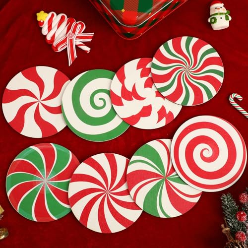 UPINS 8 Pcs Christmas Coasters for Drinks,Wooden Christmas Drink Coasters Red and Green Candy Pattern Table Coasters Holiday Xmas Decor for Home Party Gift