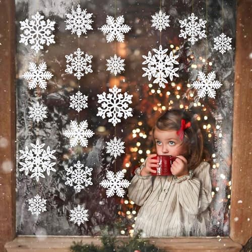 kockuu 49Pcs Christmas Ornaments Snowflake Decorations - White Glitter Christmas Ornaments Hanging Snowflakes for Winter Christmas Tree Wall Ceiling Window Ornaments