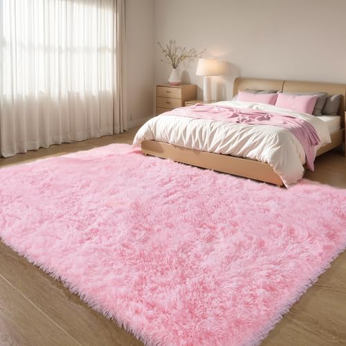 Pink Fluffy 9x12 Area Rug for Bedroom & Living Room - Soft Washable Shag