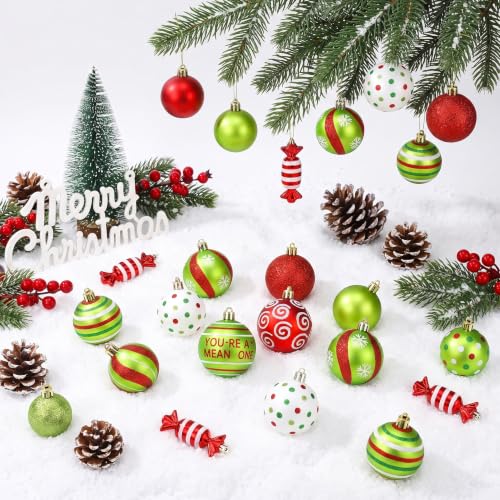 94Pcs Red Green White Christmas Ornament Set with Glitter Berry Stems & Ribbons