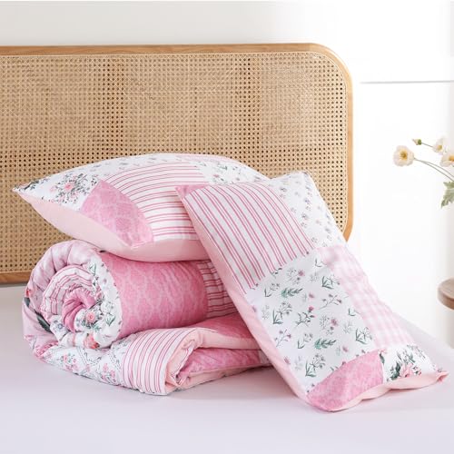 YIKUSH 3-Piece Pink Floral Queen Comforter Set 90x90 All-Season Bedding