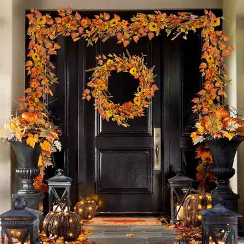 HUAESIN Fall Decor 6FT Fall Garland Autumn Eucalyptus Maple Leaves Harvest Festival Thanksgiving Christmas Hanging Flower Garlands for Home Mantle Fireplace Wedding Arch Dining Table Halloween Decor