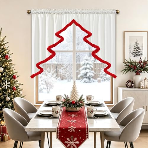 Christmas Tree Valance White Velvet with Red Fluffy Trim, 1 Panel