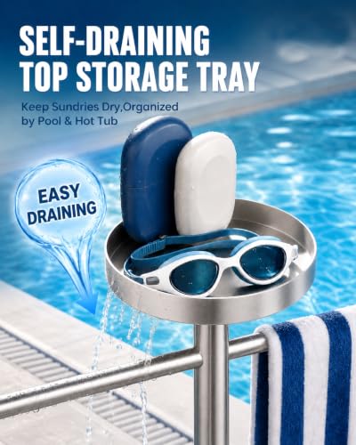 Outdoor 59 Inch Pool Towel Rack with Brushed Finish, Adjustable Arms & Marble Base