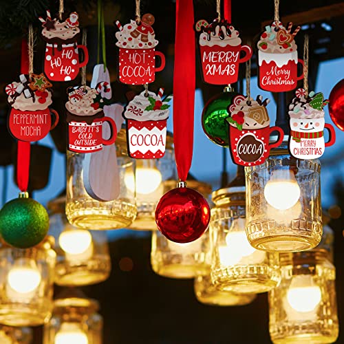 BBTO 36 Pieces Christmas Ornaments Hot Cocoa Cup Wood Hanging Ornaments Gingerbread Marshmallow Coffee Bar Decoration Wood Xmas Decoration for Tree Home
