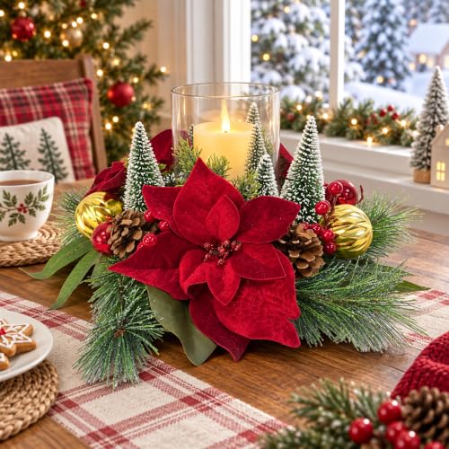 16in Christmas Candle Centerpiece with Glass Hurricane - Lnymura