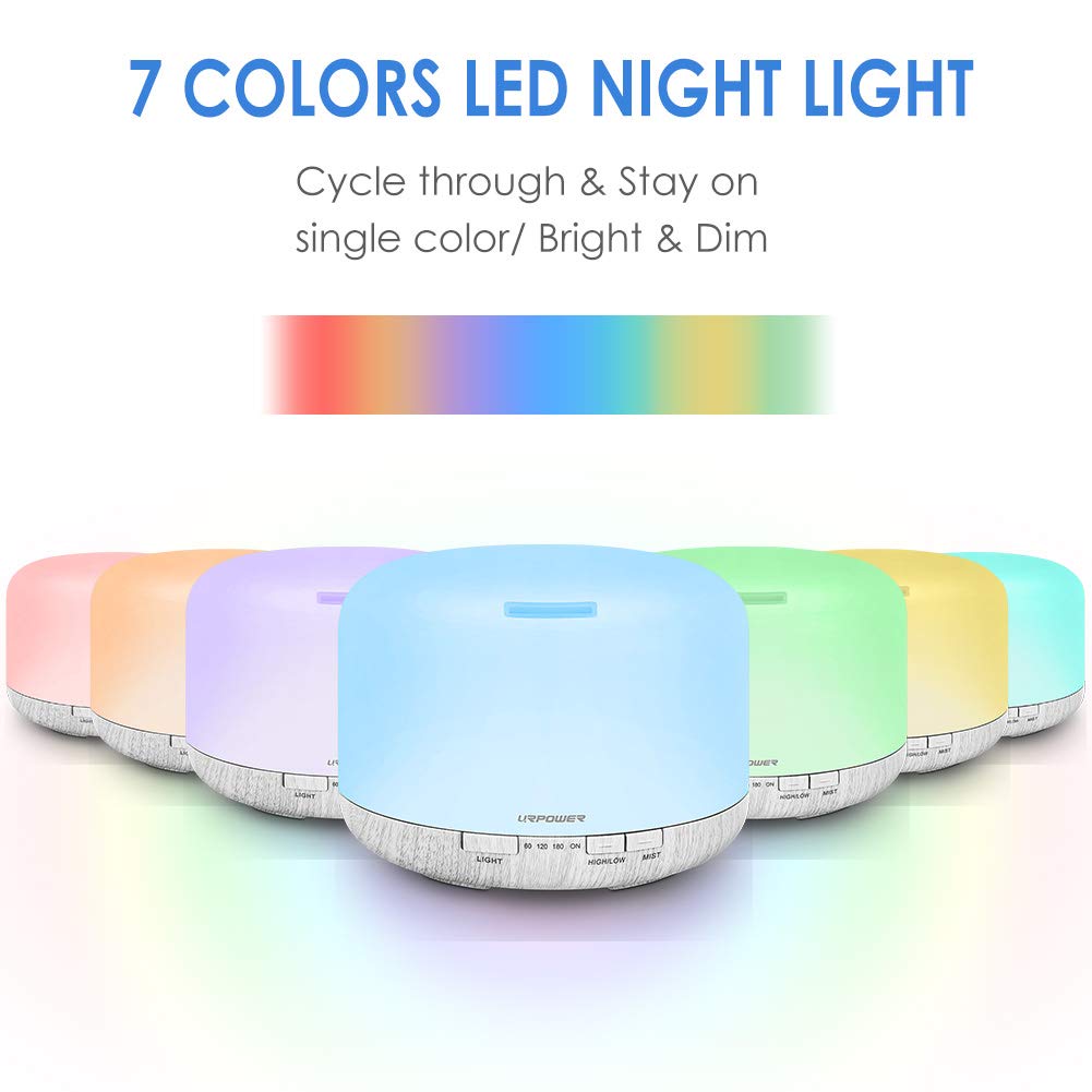 URPOWER 500ml Essential Oil Diffuser, Aromatherapy Diffusers for Essential Oils with Adjustable Mist Mode/4 Timer Settings Large Room Cool Mist Humidifier Air Diffuser for Home Office Study Yoga Spa