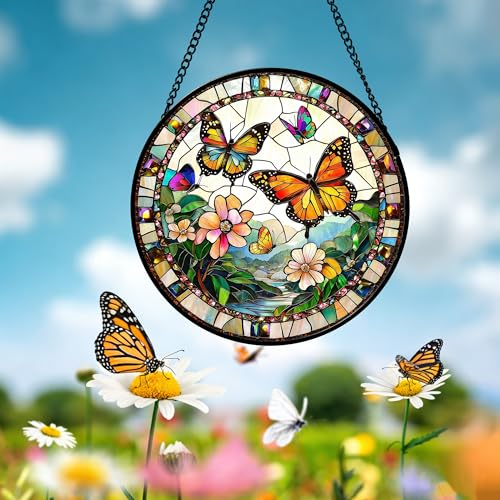DASTOLL 12-Inch Golden Yellow Butterfly and Flowers Stained Glass Window Suncatcher