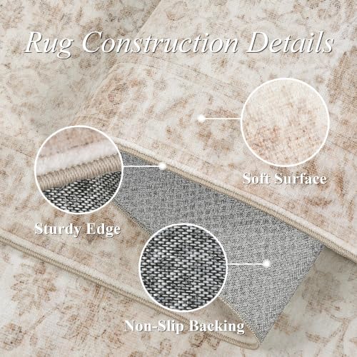 Beige 6x9 Non-Slip Vintage Bedroom Area Rug - Washable & Stain-Resistant