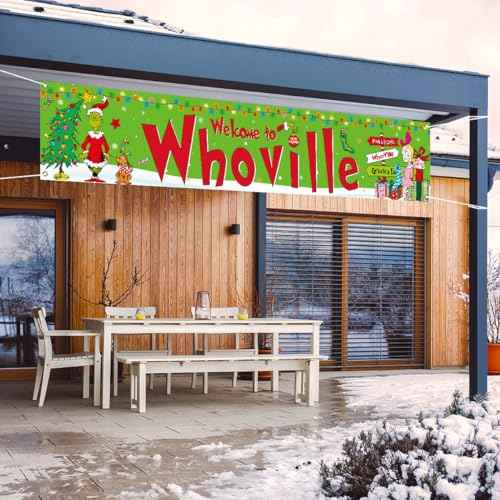 Sunwer Merry Christmas Fence Banner Green Elf Xmas Winter Holiday Party Decor Yard Porch Sign Decoration Photo Booth Backdrop (Green-A)