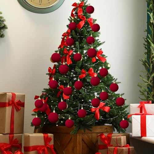 OCTERIC Red Velvet Christmas Ball Ornaments Set, 24 Pack 3.15 Inch Shatterproof Holiday Decorations