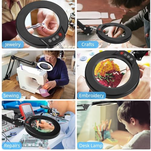 Black 10X Magnifying Glass with Light and Clamp - Stepless Dimmable LED Desk Lamp for Crafts, Reading, Jewelry, Sewing
