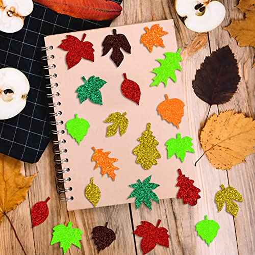 Coopay Glitter Fall Leaf Stickers - Adhesive Foam Maple Leaves for Christmas, Thanksgiving, Halloween - Assorted Autumn Shapes for Art Craft and Party Decoration