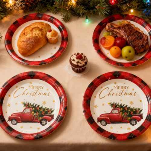 50 PCS Christmas Paper Plates, 7'' Christmas Party Plates, Disposable Red Truck Tree Design Merry Xmas Holiday Dinnerware for Xmas Party Supplies Winter Decorations