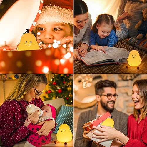 Night Light Pear Cute LED Nursery Nightlight Lamp, Tap Control Squishy Silicone, USB Rechargeable Bedside Lamp for Bedroom, Warm White & 7 Colors, Christmas Gift