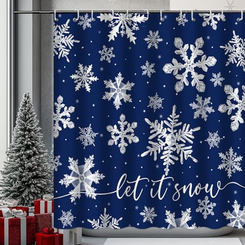Blue Christmas Snowflake Shower Curtain Winter Snowflake Decorations Shower Curtain for Bath Snow Christmas Holidays Bathroom Decor Waterproof Fabric Shower Curtain with 12 Hooks (BLUE, 72''x 72'')