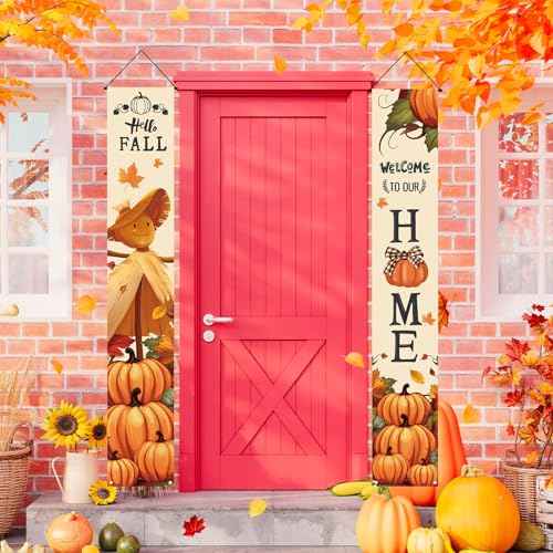 Thanksgiving Decorations Thanksgiving Banner,Fall Pumpkin Maple Leaves Give Thanks Front Door Decor,Autumn Porch Sign Board Hanging Friendsgiving Harvest Farmhouse Outdoor Supplies for Home Office -12 x 71inches