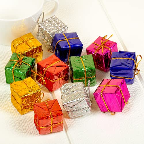 Mini Christmas Gift Box Ornaments Set - Shiny Foam & Gold Foil Decor, 24 Pieces