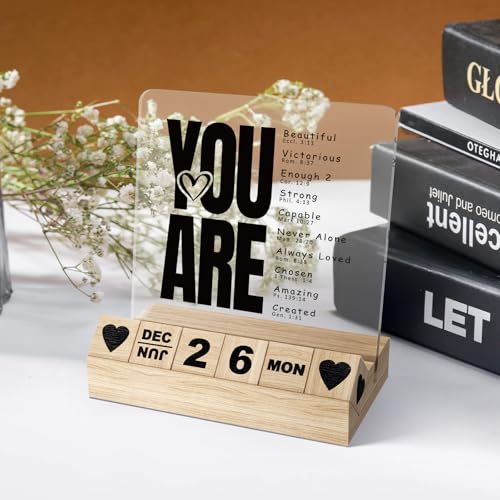 Christian Gifts for Women, Thank You Gifts for Coworker Female, Wooden Block Calendar for Desk, You Are Beautiful Desk Sign, Inspirational Acrylic Plaque, Catholic Office Accessories