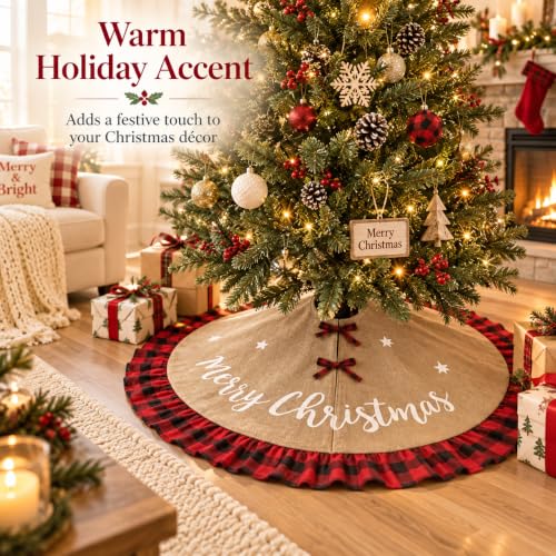 AISENO 48in Buffalo Plaid Linen Burlap Christmas Tree Skirt - Red & Black Edge
