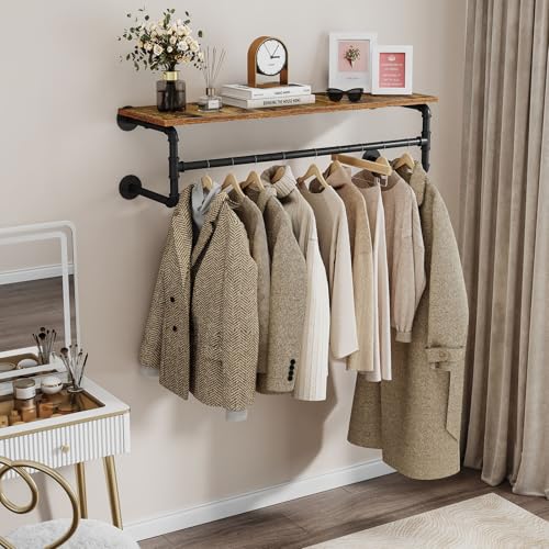 Wall Mounted Clothes Rack with 43.3in Shelf and Hanging Rod - Industrial Pipe Design, Space-Saving Garment Organizer, Black Finish, 110cm Variation