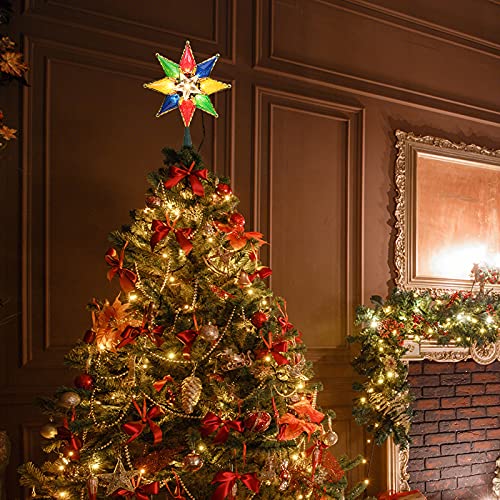 Brizled Multicolor Lighted 8-Inch Double-Sided Christmas Star Tree Topper with Warm Lights