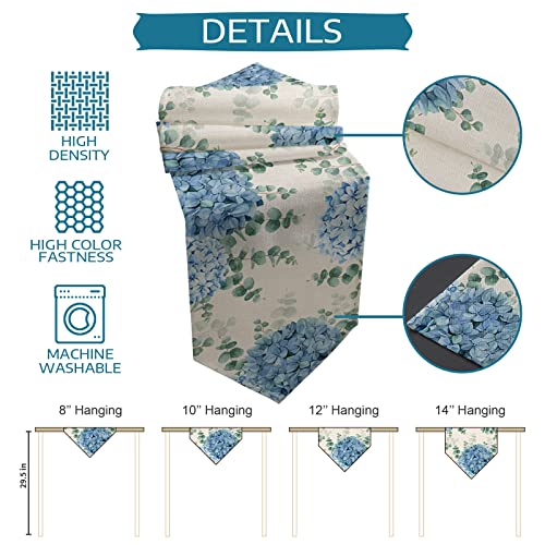 Farmhouse Table Runner 13x72 Linen Look with Eucalyptus Blue Hydrangea