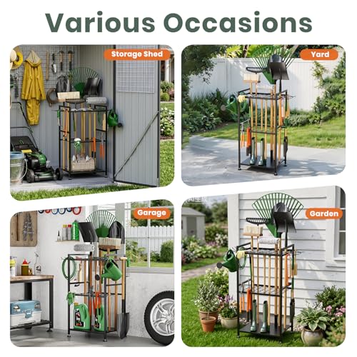 Garden Tool Organizer Rack with Feet for 35+ Tools - Black, Heavy-Duty Steel, Adjustable Feet, Model RACK-with Feet