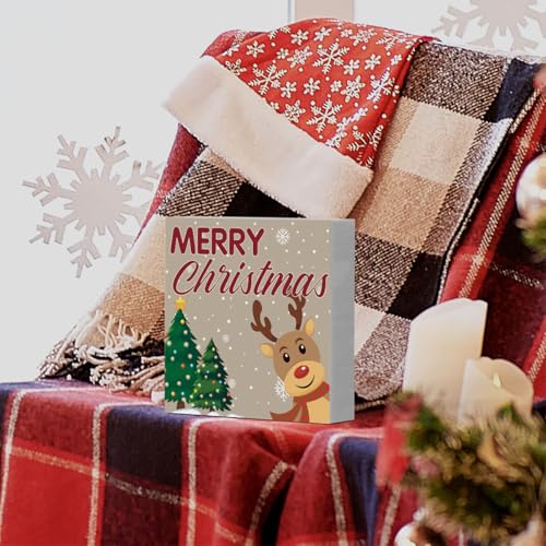 Reindeer Merry Christmas Sign Christmas Decorations for Home Office Desk Table Shelf 5 x 5 inch