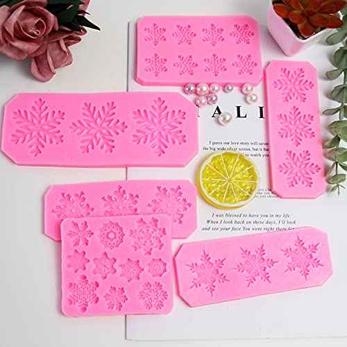 Rainmae 6 Pcs Christmas Snowflake Cake Silicone Fondant Molds, 3D Snowflake Winter Frozen Party Cupcake Topper Decorating Tools, Silicone Chocolate Candy Gum Paste Polymer Clay Epoxy Resin Mould