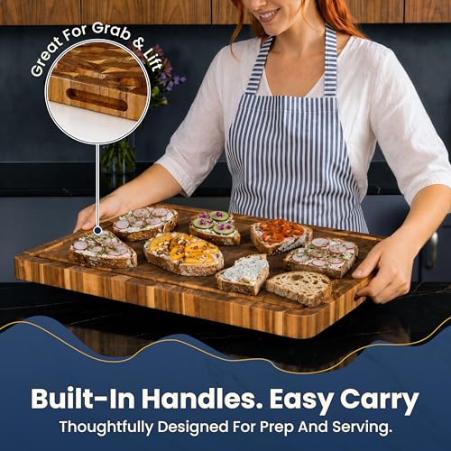 HOMESTEAD Natural End Grain Acacia Wood Cutting Board 23x18 with Juice Groove & Handles