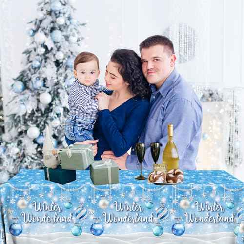 Winter Wonderland Tablecloth Blue Snowflake Winter Party Decorations Winter Wonderland Christmas Lights Snow Disposable Plastic Table Cover for Winter Wonderland Baby Shower Birthday Party Supplies