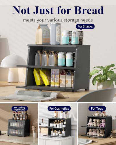 Kitsure Wooden Bread Box with 2-Tier Black Countertop Storage