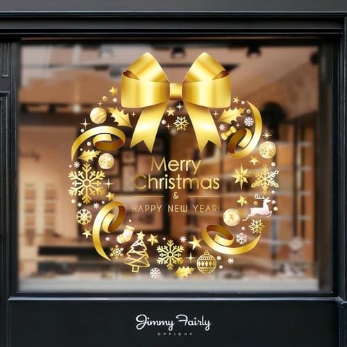 XL Winter Gold Wreath Clings for Window Whole Large Xmas Wreath Window Stickers News Years Decor DIY Static Wall Window Door Mural Showcase Decal Sticker-15.7x17 in (1pack)