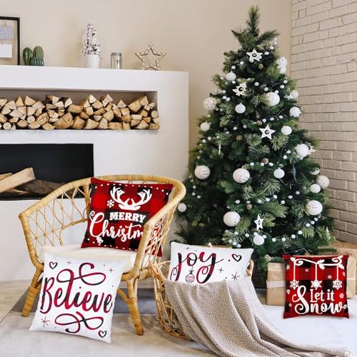 Christmas Pillow Covers 18x18 Set of 4 Winter Throw Pillow Covers Holiday Buffalo Plaid Pillow Covers Merry Christmas Pillows for Couch Sofa Home Decor Xmas Cushion Covers Indoor Decor Thicker