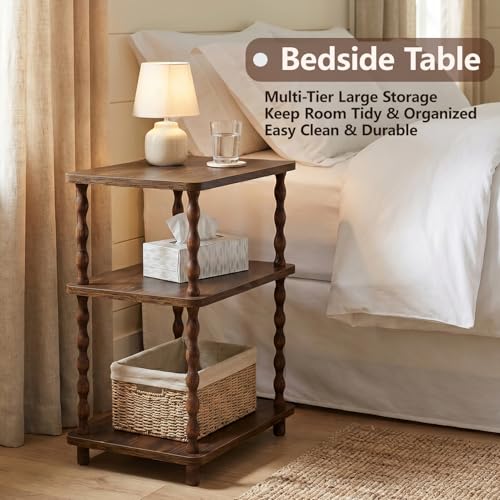 Brown Narrow 3-Tier Side Table with Storage - Rustic Oblong End Table