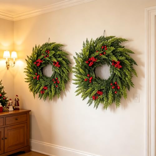FJAKA 20in Christmas Wreath with Red Berries - Front Door Decor, Indoor/Outdoor, Norfolk Pine Accent