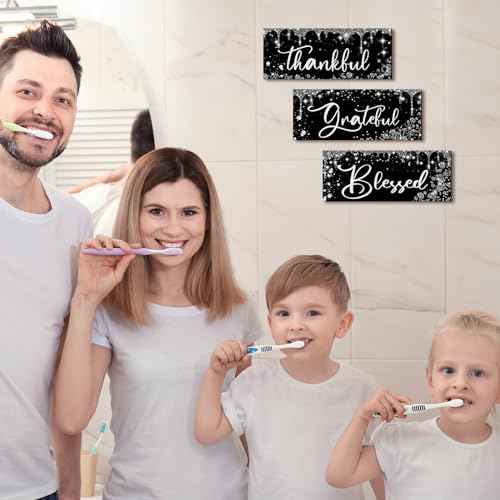 Wenqik 3 Pcs Glitter Wooden Thankful Wall Decor Diamond Grateful Blessed Wall Decor Thanksgiving Wooden Black Silver Shiny Hanging Sign Christmas Decoration Wood Gift for Home Bathroom