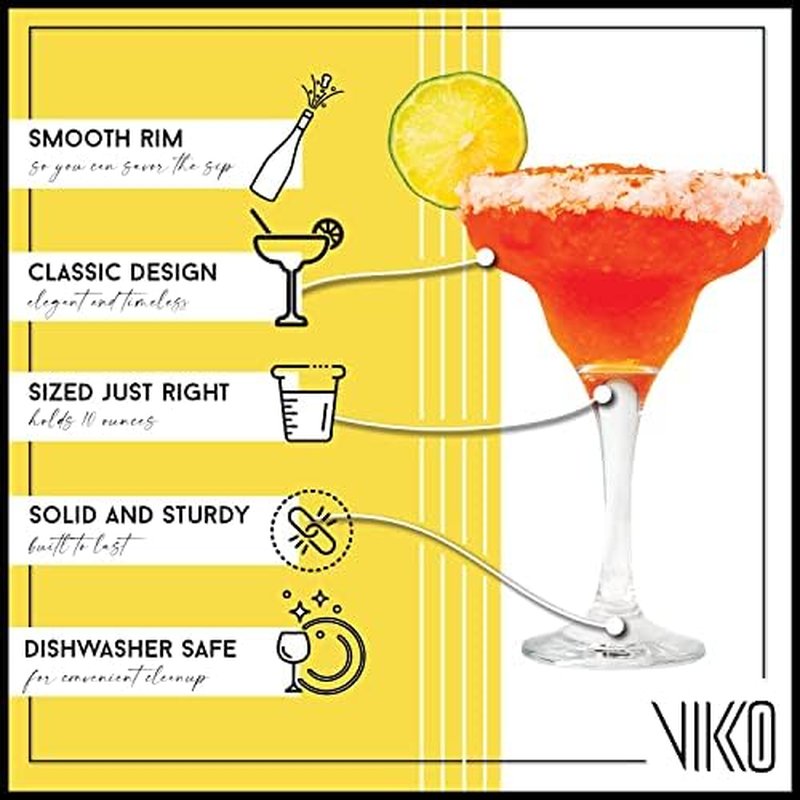 Vikko Margarita Glasses Set of 6, 10 Ounce, Crystal Clear Margarita Glass, Cosmopolitan Glassware for Margaritas, Frozen Drinks, Pina Coladas and Cocktails, Margarita Cups