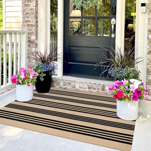 Outdoor Rug 3x5 ft Black and Tan Striped Porch Mat - Farmhouse Decor, Durable & Easy to Clean - Variation: Tan/Black Stripe / 3' x 5'