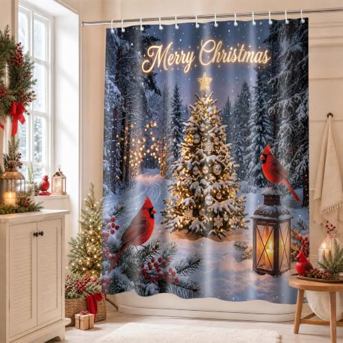 Visstree Christmas Shower Curtain with Red Cardinal – 71x71 in, Multicolor
