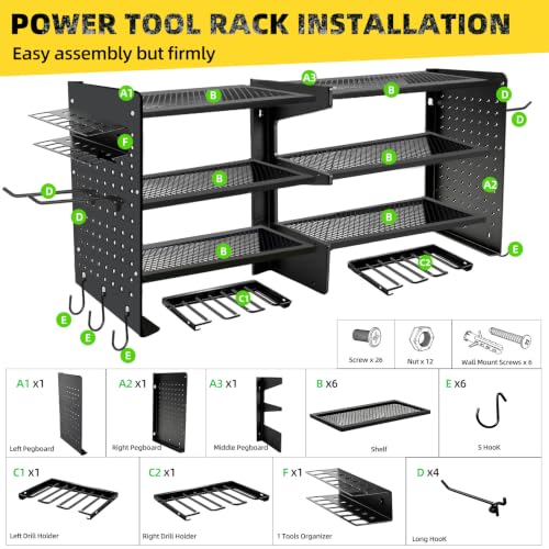 Black Power Tool Organizer Wall Mount 4-Tier Heavy Duty Storage Rack