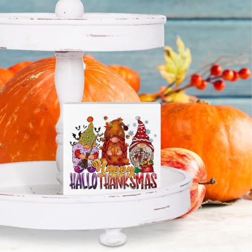 Happy Hallothanksmas Wood Box Sign - Fall Thanksgiving Gnomes Rustic Decor 5x5