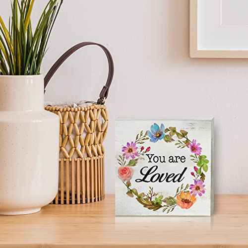 Floral You Are Loved Wood Box Sign Home Decor Rustic Inspirational Wooden Box Sign Block Plaque for Wall Tabletop Desk Home Decoration 5" x 5"