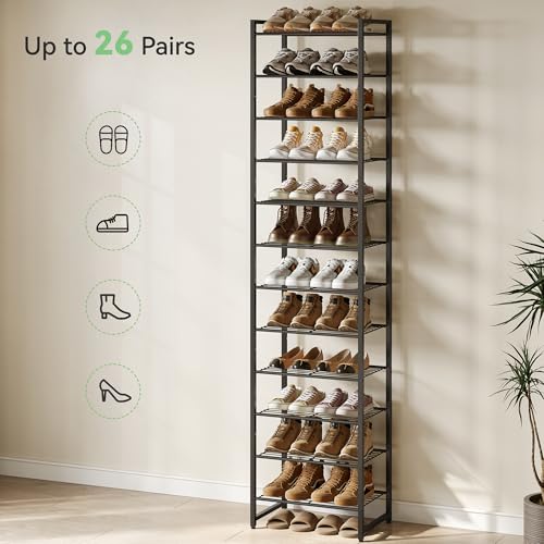 Nunsino Narrow 12-Tier Metal Shoe Rack - Black, Space-Saving Shoe Organizer for Closet & Entryway