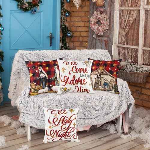 4pcs Christmas Pillow Covers 18x18in O Holy Night Jesus Buffalo Plaid Stars Throw Pillow Covers Xmas Winter Holiday Seasonal Cushion Case Decorations for Farmhouse Couch Sofa Home Decor