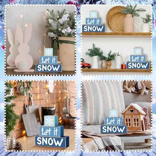 3 Pcs Winter Let It Snow Tiered Tray Decor Table Sign Winter Theme Wood Decorations Centerpiece Decor for Party Gift Desk(Stylish Style)