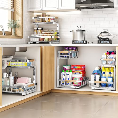 PXRACK Large Silver Under Sink Organizer 2-Tier Adjustable Pull-Out Cabinet Storage